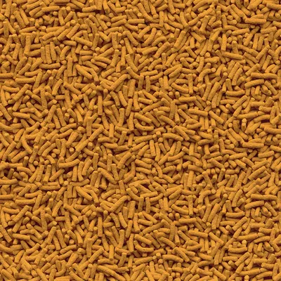 Vue rapprochée de croquettes en forme de petits bâtonnets marron, sans emballage ni marque visible.