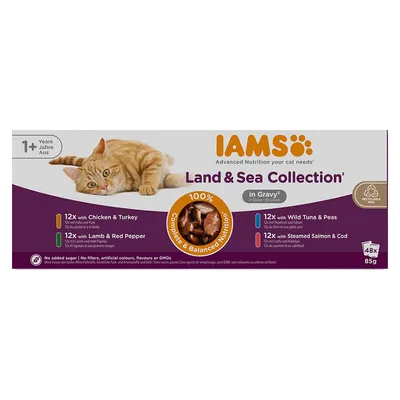 48 x 85g IAMS Advanced Nutrition Wet Cat Food - 36 + 12 Free! * - Adult Land & Sea Collection in Gravy (48 x 85g)