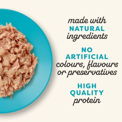 Tekst w języku angielskim: made with natural ingredients, no artificial colours, flavours or preservatives, high quality protein. Obok widoczna porcja karmy na niebieskim talerzu.