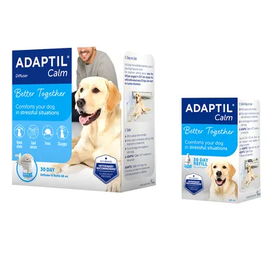 Opakowanie ADAPTIL Calm Diffuser & Refill 48 ml oraz 30 Day Refill. Widoczny napis: Better Together, Comforts your dog in stressful situations, rekomendacja weterynaryjna.