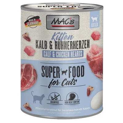 MAC's Kitten Kalv & kyllingehjerter, Super Food til katte, Made in Germany, kornfri, højt kødindhold. Fuldfoder til voksende killinger.