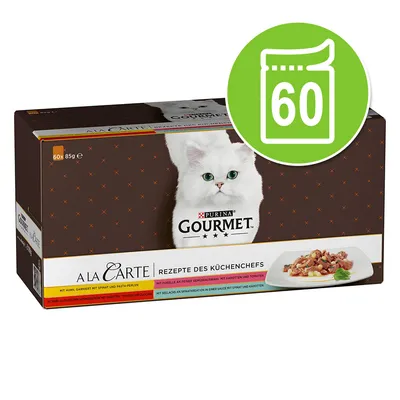 Purina Gourmet A La Carte Rezepte des Küchenchefs. Packung mit 60 x 85g Portionsbeuteln, verschiedene Geschmacksrichtungen: Huhn, Spinat, Karotten, Tomaten.