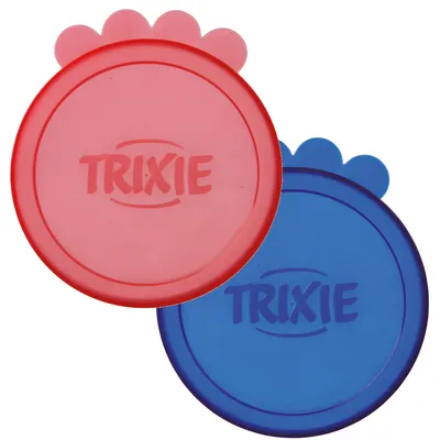 Zwei runde Deckel in Rot und Blau mit Trixie-Logo, geeignet zum Verschliessen von Dosen.