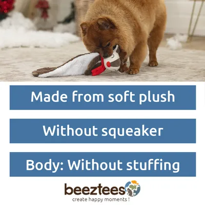 Dog with plush toy. Text: Made from soft plush, Without squeaker, Body: Without stuffing. Brand: beeztees. Dog with plush toy. Text: Made from soft plush, Without squeaker, Body: Without stuffing. Brand: beeztees.