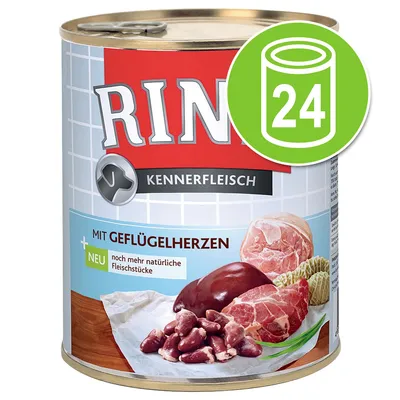 Rinti Kennerfleisch blik met gevogelteharten, zichtbaar: vleesstukken en orgaanvlees, tekst: 'MIT GEFLÜGELHERZEN', 'NEU noch mehr natürliche Fleischstücke', groene cirkel met 24 blikken icoon.