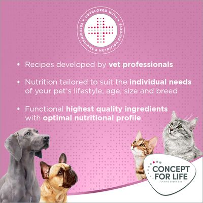 Testo in inglese: Developed with veterinarians & nutrition experts. Recipes developed by vet professionals, individual needs, highest quality ingredients. Concept for Life.