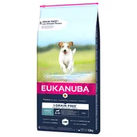 Pachet economic: 2 x saci Eukanuba - Grain Free Adult Small / Medium Breed Somon (2 x 12 kg)