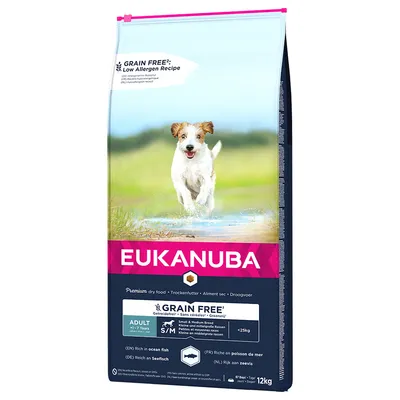 Pachet economic: 2 x saci Eukanuba - Grain Free Adult Small / Medium Breed Somon (2 x 12 kg)