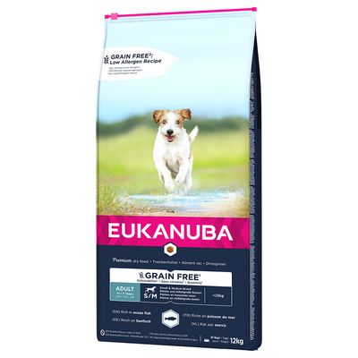 Pachet economic: 2 x saci Eukanuba Grain Free Adult Small / Medium Breed Somon (2 x 12 kg)