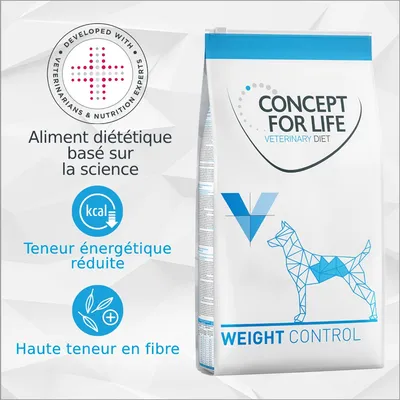 Concept for Life Veterinary Diet Weight Control. Aliment diététique basé sur la science, teneur énergétique réduite, haute teneur en fibre. Développé avec des vétérinaires. Concept for Life Veterinary Diet Weight Control. Aliment diététique basé sur la science, teneur énergétique réduite, haute teneur en fibre. Développé avec des vétérinaires.
