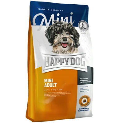 Hrană uscată Happy Dog Mini Adult, 1–10 kg, pentru câini adulți de talie mică. Text vizibil: Made in Germany, Small Bits für Small Dogs, Mini Adult, 26/14.
