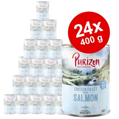 Lot de 24 boîtes Purizon Chicken Fillet with Salmon pour chats adultes, 400 g chacune, 45 % filet de poulet, texte visible en anglais sur l’emballage. Lot de 24 boîtes Purizon Chicken Fillet with Salmon pour chats adultes, 400 g chacune, 45 % filet de poulet, texte visible en anglais sur l’emballage.