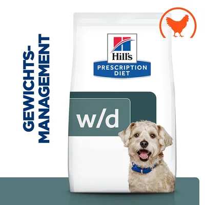 Hill's Prescription Diet w/d Gewichtsmanagement mit Huhn. Verpackung zeigt Produktnamen und Logo.