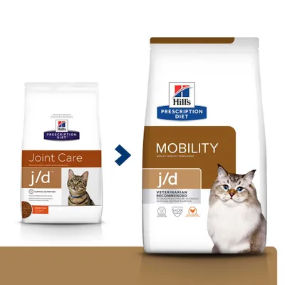 Hill's Prescription Diet Katzenfutter: Verpackungsänderung von 'Joint Care j/d' zu 'Mobility j/d'. Beide Beutel mit Katzenbild und Produktnamen sichtbar. Hill's Prescription Diet Katzenfutter: Verpackungsänderung von 'Joint Care j/d' zu 'Mobility j/d'. Beide Beutel mit Katzenbild und Produktnamen sichtbar.