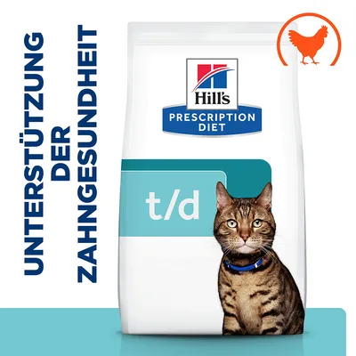 Hill's Prescription Diet t/d Katzenfutter zur Unterstützung der Zahngesundheit, mit Huhn. Verpackung zeigt eine Katze und ein Symbol für Huhn.