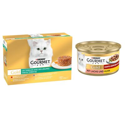 Purina Gourmet Gold Les Mousselines Mousse, 24x85g, druhy: králík, hovězí, telecí, jehněčí. Balení s bílou kočkou a vyobrazením produktu na talíři.
