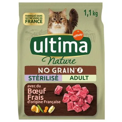 Ultima Nature No Grain Sterilisé Adult kattenvoer, 1,1 kg. Met afbeelding van kat en tekst: fabriqué dans notre usine en France, avec du bœuf frais d'origine française.