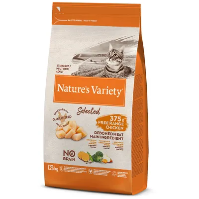 Nature's Variety Selected cat food for sterilised adults, 375g free-range chicken, deboned meat as main ingredient, grain-free, 1.25kg pack.
