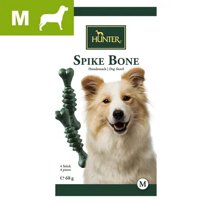 Opakowanie Hunter Spike Bone, 4 sztuki, 68 g, rozmiar M. Zielone przysmaki w kształcie kości widoczne obok logo marki.
