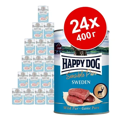 24 консерви по 400 г Happy Dog Sensible Pure Sweden, Wild Pur – Game Pure. На опаковката има изображение на месо и елен, видими са марката и продуктът.