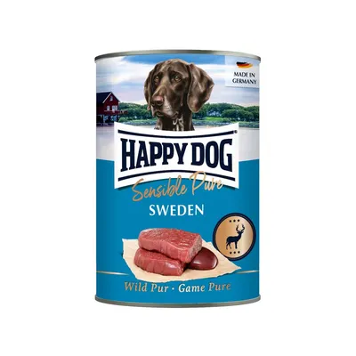 Boîte de pâtée pour chien Happy Dog Sensible Pure Sweden, texte visible : Wild Pur – Game Pure, Made in Germany, image de viande rouge et d’un chien sur l’emballage. Boîte de pâtée pour chien Happy Dog Sensible Pure Sweden, texte visible : Wild Pur – Game Pure, Made in Germany, image de viande rouge et d’un chien sur l’emballage.