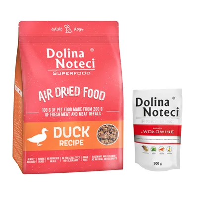 Pakiet mieszany Dolina Noteci Superfood Adult, 1 kg + 10x500 g - Zestaw I: 1 kg Superfood Adult, z kaczką + 10 x 500 g Premium w saszetkach, wołowina Pakiet mieszany Dolina Noteci Superfood Adult, 1 kg + 10x500 g - Zestaw I: 1 kg Superfood Adult, z kaczką + 10 x 500 g Premium w saszetkach, wołowina