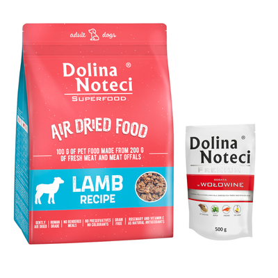 Dolina Noteci Superfood Air Dried Food Duck Recipe, 100 g karmy z 200 g świeżego mięsa i podrobów. Dolina Noteci Premium bogata w wołowinę 500 g. Napis: Wypróbuj teraz!