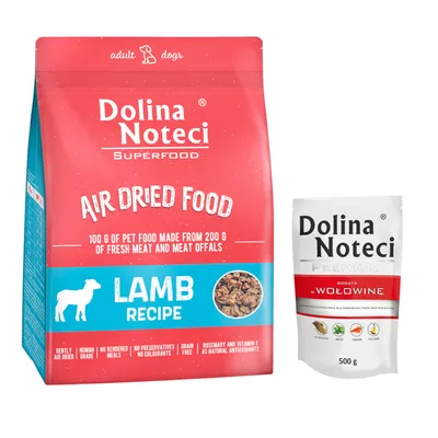 Pakiet mieszany Dolina Noteci Superfood Adult, 1 kg + 10x500 g - Zestaw IV: 1 kg Superfood Adult, z jagnięciną + 10 x 500 g Premium w saszetkach, wołowina Pakiet mieszany Dolina Noteci Superfood Adult, 1 kg + 10x500 g - Zestaw IV: 1 kg Superfood Adult, z jagnięciną + 10 x 500 g Premium w saszetkach, wołowina