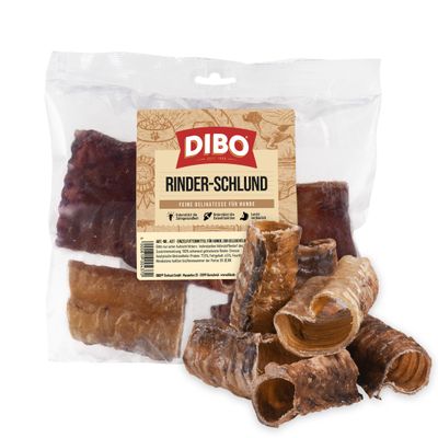 DIBO Beef Gullet, fine delicacy for dogs, supports dental health, light and easily digestible. Single feed, pack with visible dried pieces.