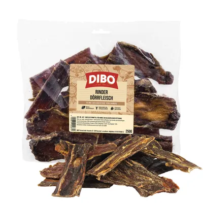 DIBO Dried Beef, fine delicacy for dogs, natural, grain-free, free from artificial additives, 250g pouch. DIBO Dried Beef, fine delicacy for dogs, natural, grain-free, free from artificial additives, 250g pouch.
