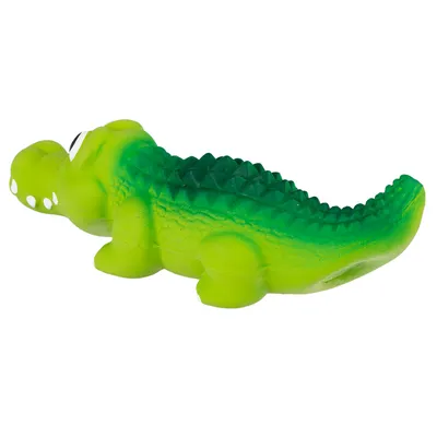 Grünes Krokodil-Spielzeug aus Kunststoff mit strukturierter Oberfläche und weissen Augen.