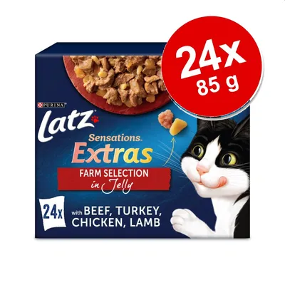 Latz Sensations Extras Farm Selection in Jelly, 24x85 g. Sisältää naudan-, kalkkunan-, kanan- ja lampaanlihaa. PURINA.
