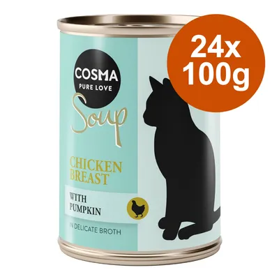 Cosma Soup, Hühnerbrust mit Kürbis in feiner Brühe, 24x100g. Abbildung einer Dose mit Katzenmotiv.