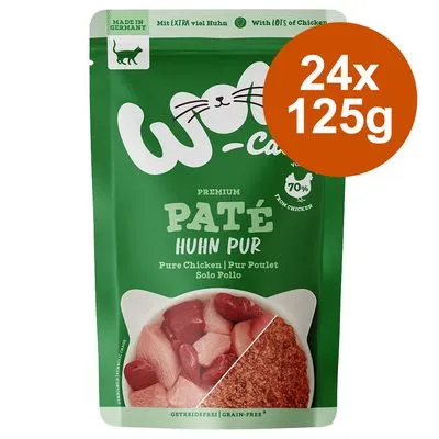 W-Cat Premium Paté Huhn Pur, 24x125g, met 70% kip, graanvrij. Tekst op verpakking: Pure Chicken, Made in Germany, mit extra viel Huhn, 24x125g in oranje cirkel.
