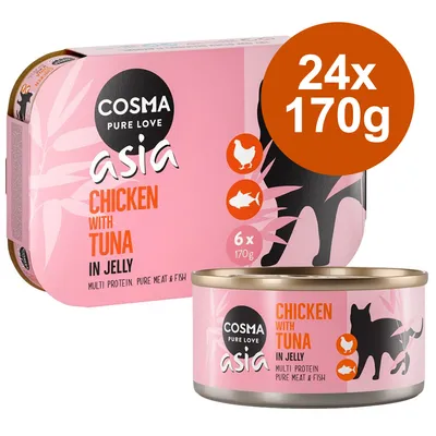 Cosma Asia Chicken with Tuna in Jelly, Multi Protein, rent kött och fisk. Förpackning med 24x170g burkar, kyckling och tonfisk som huvudingrediens. Cosma Asia Chicken with Tuna in Jelly, Multi Protein, rent kött och fisk. Förpackning med 24x170g burkar, kyckling och tonfisk som huvudingrediens.