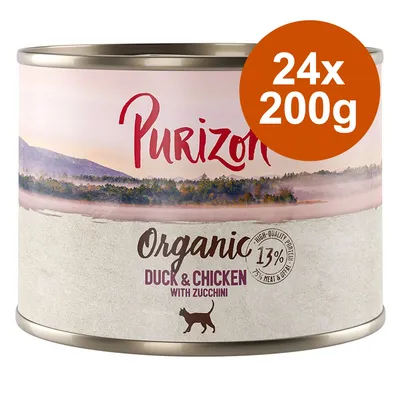 Purizon Organic Duck & Chicken med zucchini, 24x200g, 13% protein, högkvalitativa ingredienser för katter.