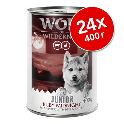 Консерва Wolf of Wilderness Junior Ruby Midnight 400 г, свежо свинско с говеждо и заек. Пакет 24×400 г.