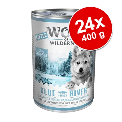 Little Wolf of Wilderness Blue River Junior, 24x400 g. Text: 100% grain-free. Kyckling & lax med skogsbär, rötter och vilda örter. Synlig vikt: 400 g per burk.