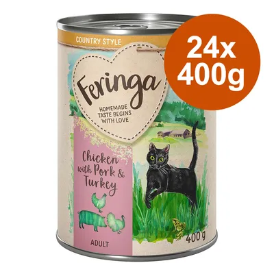 Feringa Country Style, Chicken with Pork & Turkey, Adult, 24x400g. Dose mit ländlichem Design und schwarzer Katze auf grünem Hintergrund.