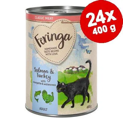 Feringa Salmon & Turkey with courgette & watercress, ADULT, 24x400 g. Dåse med sort kat og tekst: Homemade taste begins with love. Classic Meat.