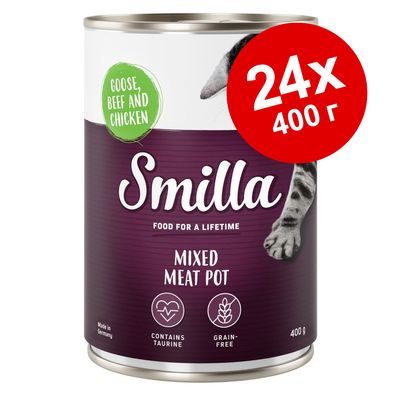 Smilla Mixed Meat Pot, гусь, говядина и курица, 24×400 г. Содержит таурин, без зерна. Видна лапа кошки. Текст на английском языке.