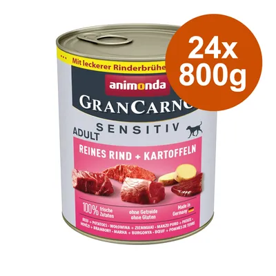 Animonda GranCarno Sensitiv Adult, καθαρό βοδινό + πατάτες, 24x800g. Με νόστιμο ζωμό βοδινού, 100% φρέσκα συστατικά, χωρίς δημητριακά, χωρίς γλουτένη, Made in Germany.