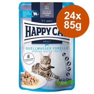 Happy Cat Adult Quellwasser Forelle, 24x85g, getreidefreie Rezeptur, für sterilisierte Katzen, ohne Zusatz von Konservierungsstoffen, Made in Germany. Happy Cat Adult Quellwasser Forelle, 24x85g, getreidefreie Rezeptur, für sterilisierte Katzen, ohne Zusatz von Konservierungsstoffen, Made in Germany.