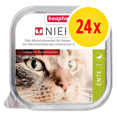beaphar Nieren alimento dietetico per gatti, ridotto contenuto di fosforo, gusto anatra, confezione da 24 vaschette. Testo in tedesco visibile sull'etichetta. beaphar Nieren alimento dietetico per gatti, ridotto contenuto di fosforo, gusto anatra, confezione da 24 vaschette. Testo in tedesco visibile sull'etichetta.