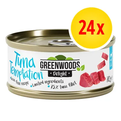 24x lattina Greenwoods Delight Tuna Temptation 70 g, ricetta senza cereali, ingredienti limitati, 75% filetto di tonno. Testo in inglese sull'etichetta.