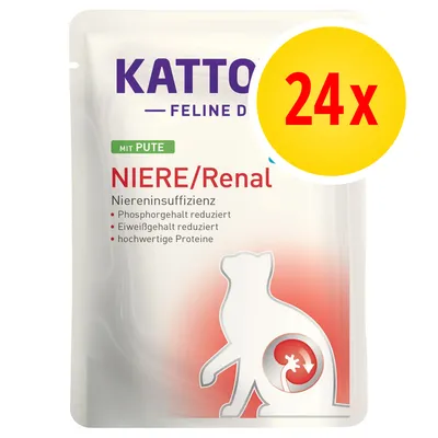 Kattovit Feline Diet NIERE/Renal mit Pute, 24x. Testo visibile: Niereninsuffizienz, Phosphorgehalt reduziert, Eiweißgehalt reduziert, hochwertige Proteine.