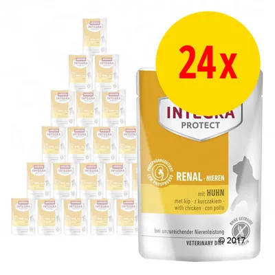 24 sachets Animonda Integra Protect Renal Nieren mit Huhn, alimentation vétérinaire pour animaux, mention faible en phosphore et sans céréales visibles sur l’emballage.