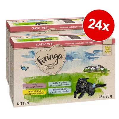 Multipack of 24 Feringa Classic Meat kitten food, grain-free recipe. Flavours: turkey with pumpkin and catnip, chicken and veal with carrots and dandelion, rabbit and chicken, salmon and chicken.