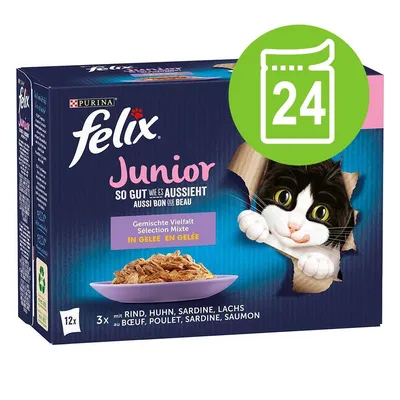 Опаковка Felix Junior, смесени вкусове в желе: говеждо, пиле, сардина, сьомга. Видими надписи на немски и френски. Зелен символ с 24 в горния десен ъгъл.