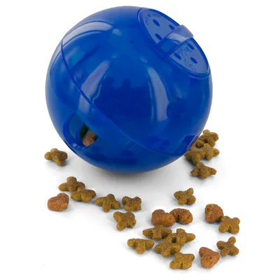 Blue feeding ball with opening, dispensing small brown and orange dry food pieces.
